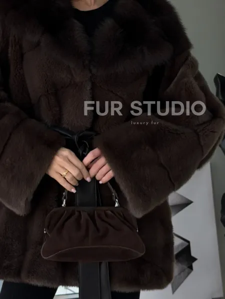 Норковая шуба кимоно с капюшоном куница - фото 1