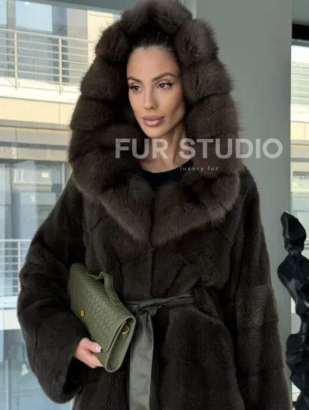 Норковое пончо шуба с капюшоном из меха куницы dark olive - фото 5