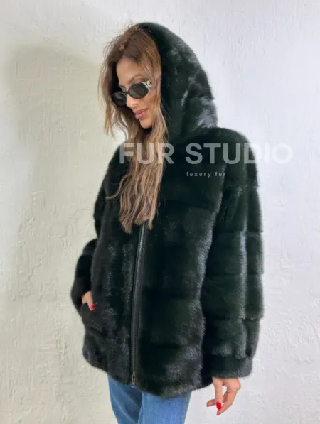 Короткая норковая шуба на молнии - цвет темный изумруд - фото 3