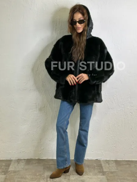 Короткая норковая шуба на молнии - цвет темный изумруд - фото 6