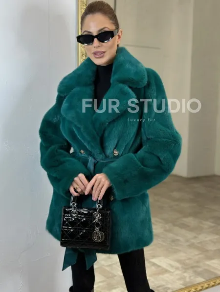 Жакет из меха норки английский воротник - морской изумруд - фото 0