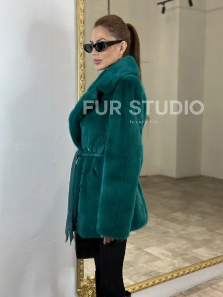 Жакет из меха норки английский воротник - морской изумруд - фото 3