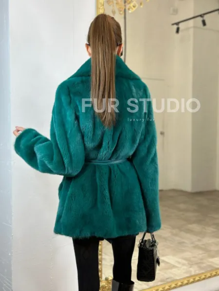 Жакет из меха норки английский воротник - морской изумруд - фото 4