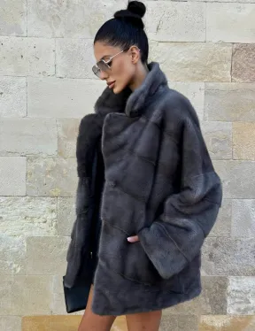 Короткая норковая шуба с английским воротником - цвет графит - фото 5