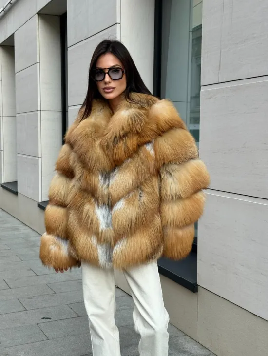 Шуба из меха рыжей лисы в натуральном цвете, паркетной раскладке - фото 11
