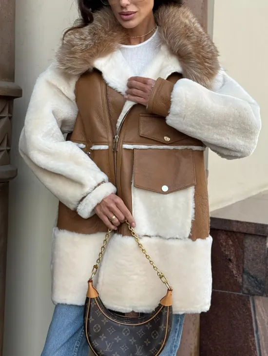 Стильная дублёнка из мериноса с воротником из меха лисы - фото 3