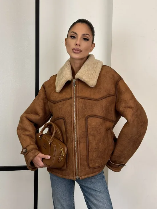 Зимняя короткая кожаная куртка из мериноса в стиле “Vintage” - фото 11