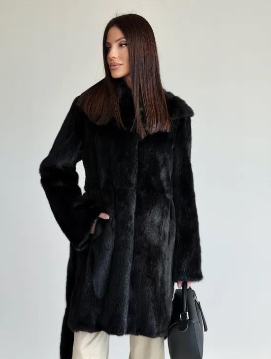 Норковая шуба с капюшоном и меховым поясом в цвете Black - фото 9