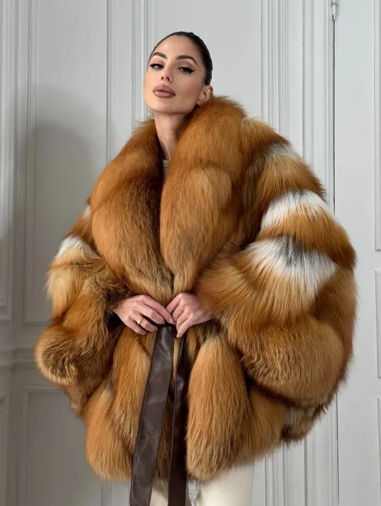 Шуба - пончо из меха огненной лисы огненно-рыжая - фото 0