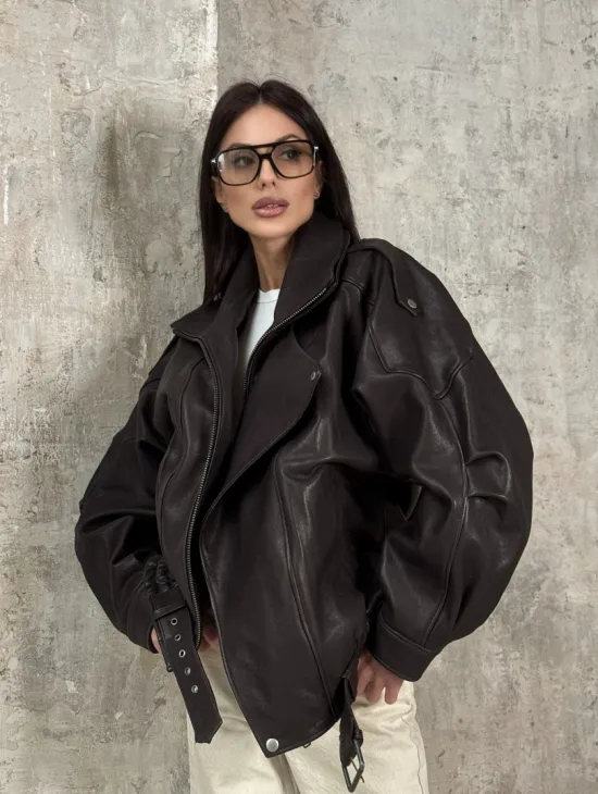 Модная кожаная куртка - бомбер на резинке из натуральной гладкой кожи - фото 2