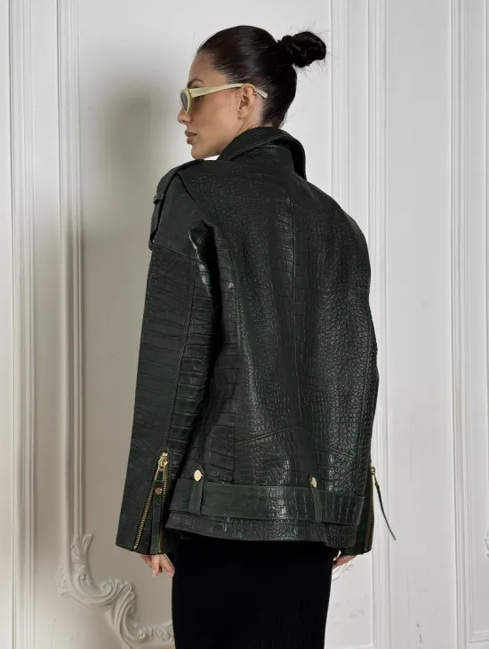 Куртка - косуха из натуральной кожи «CROCO» Dark green - фото 2