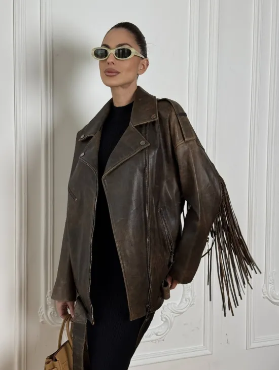 Косуха Vintage brown с кожаной бахромой на спине - фото 4