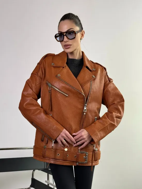 Удлиненная косуха «Прямой Оверсайз» из натуральной кожи whiskey - фото 6