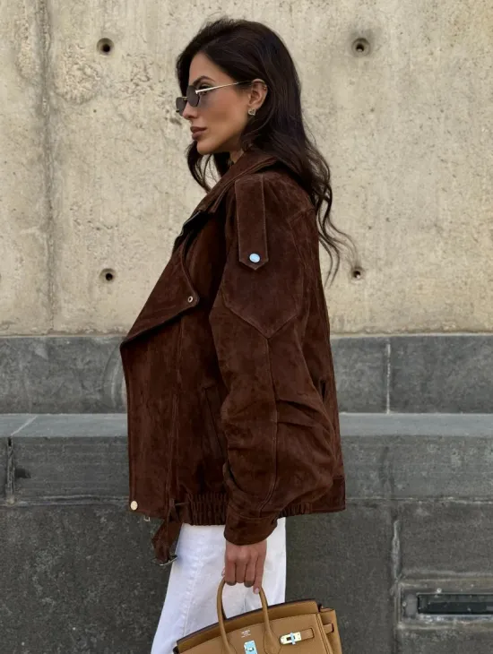 Винтажная куртка - бомбер из замши в коричневом цвете - фото 7