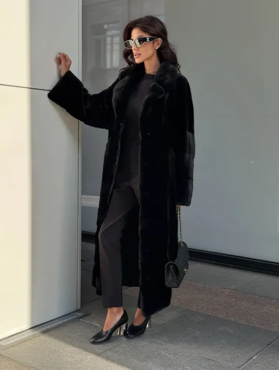 Удлиненная черная шуба с поясом из скандинавской норки - фото 8