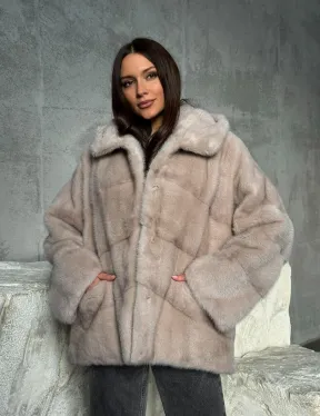 Норковый полушубок с капюшоном в цвете пудра - фото 8