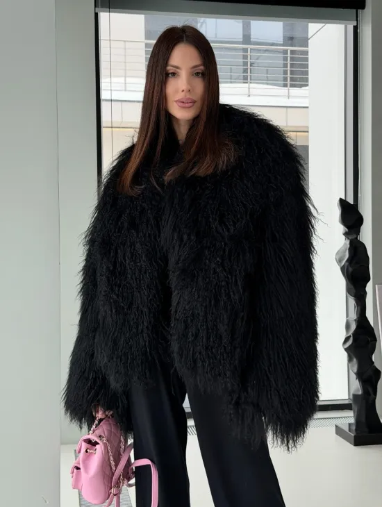 Полушубок черный из ламы - фото 5