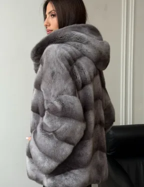 Норковый полушубок с капюшоном - цвет Platinum - фото 6