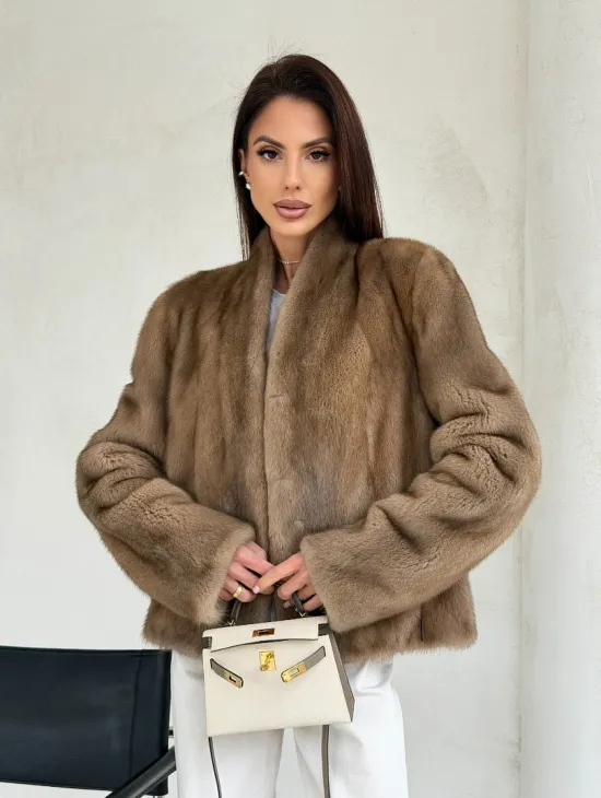 Укороченная шуба из натурального меха норки - пастель - фото 8