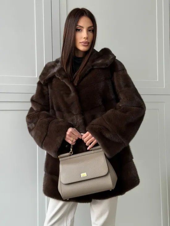 Норковая шуба в стиле «рубашка» с капюшоном - фото 0