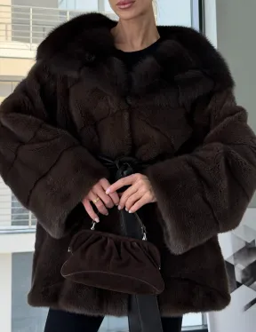 Норковая шуба кимоно с капюшоном куница - фото 3