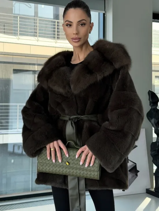 Норковое пончо шуба с капюшоном из меха куницы dark olive - фото 0