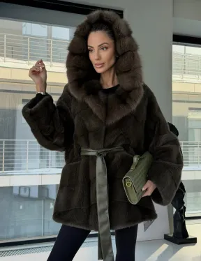 Норковое пончо шуба с капюшоном из меха куницы dark olive - фото 13