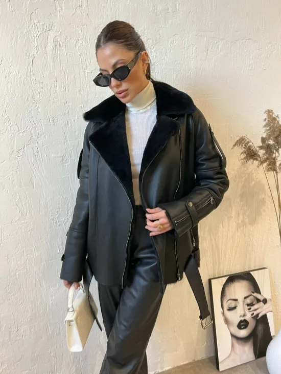 Дубленка авиатор в черном цвете из натуральной овчины - фото 5