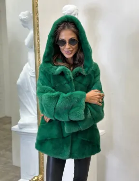 Норковый полушубок с капюшоном - цвет изумруд - фото 2