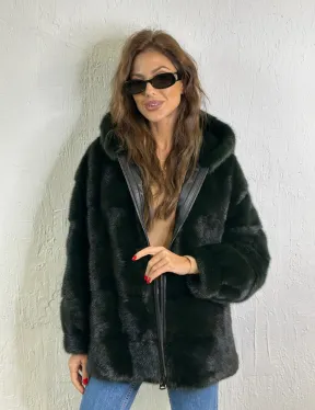 Короткая норковая шуба на молнии - цвет темный изумруд - фото 5