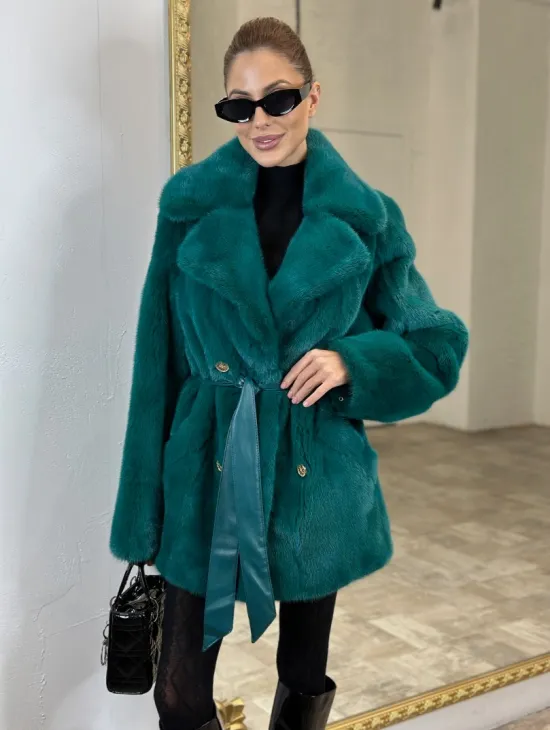 Жакет из меха норки английский воротник - морской изумруд - фото 2
