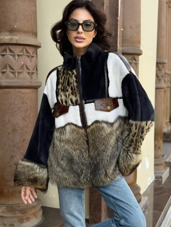 Комбинированная курточка из меха норки и енота - цвет графит - фото 5