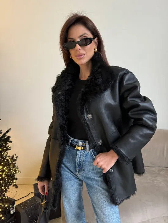 Двусторонняя дублёнка, мех тиградо - цвет черный - фото 6