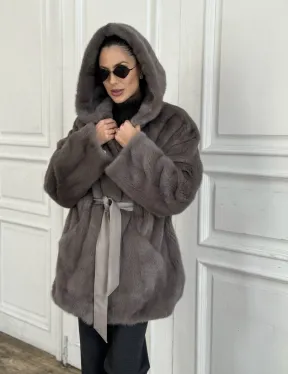 Шуба норковая с капюшоном роспуск - цвет графит - фото 2