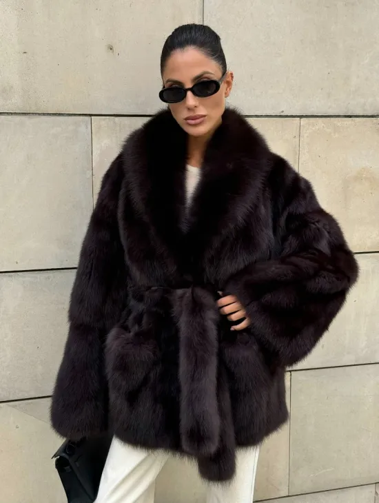 Шуба - жакет из меха куницы в цвете BURGUNDY - фото 0